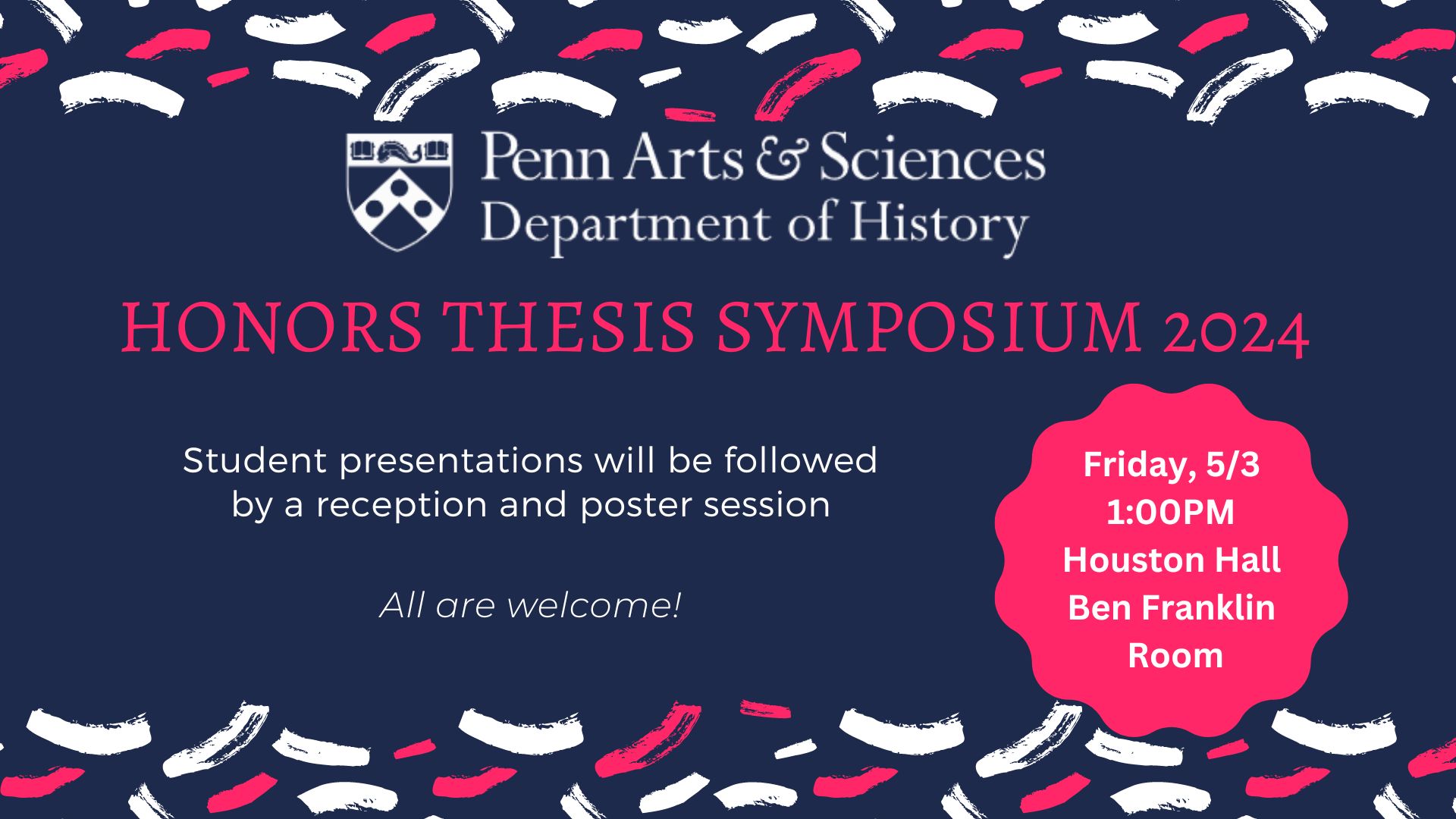 Blue background, confetti at top and bottom. Text reads "Penn Arts and Sciences, Department of History, Honors Thesis Symposium. Student presentations will be followed by poster presentations and reception.