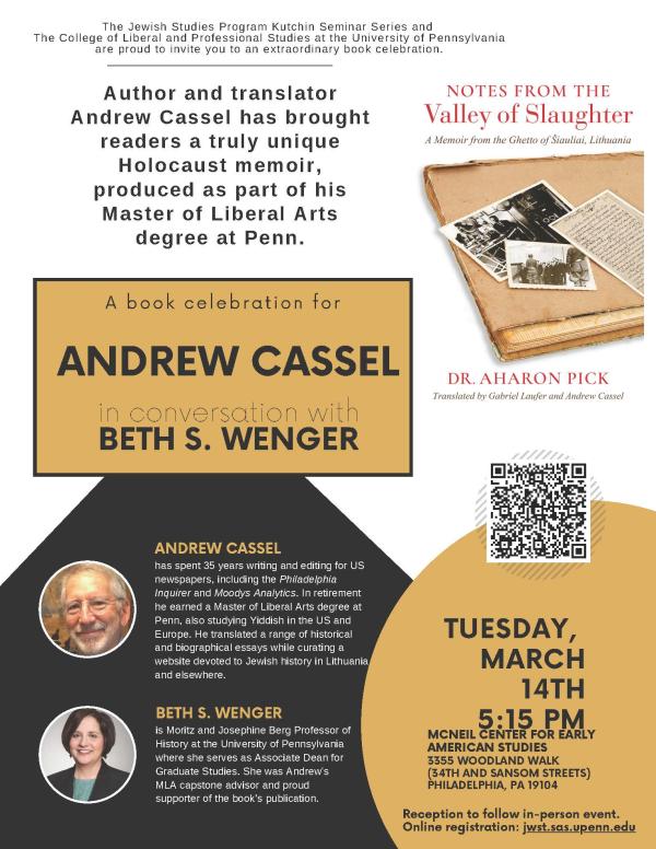 Flyer for author event with Andrew Cassel for Notes from the Valley of Slaughter. This flier has photos of both Andrew Cassel and Beth Wenger, moderator. 
