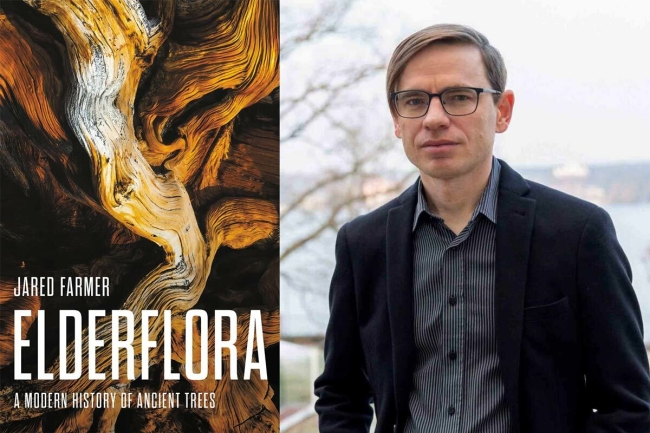 On the left, is the book cover for Elderflora featuring the curving wood of an old tree. On the right, a portrait of Dr. Jared Farmer. He is wearing glasses and a dark blazer. 