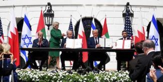 US President Trump with representatives from Israel, the UAE and Bahrain for the signing of an agreement to normalise relations, 15 September 2020.